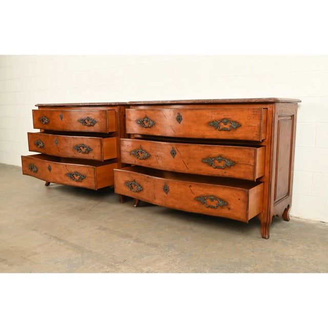 Late 20th Century Ralph Lauren French Provincial Louis XV Carved Walnut Marble Top Commodes or Chests of Drawers, Pair For Sale - Image 5 of 16