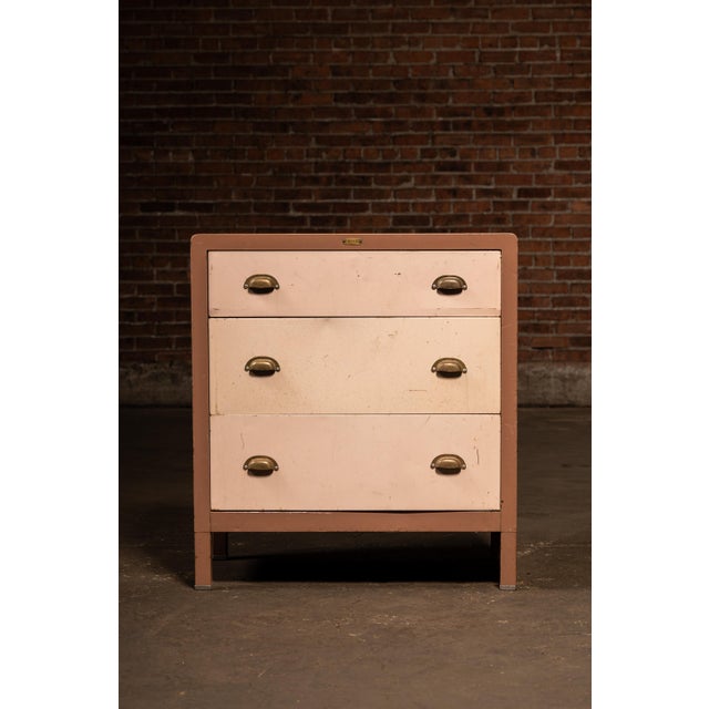 Industrial Vintage Metal Lowboy Dresser in Two-Tone Brown Enamel by Simmons For Sale - Image 3 of 14