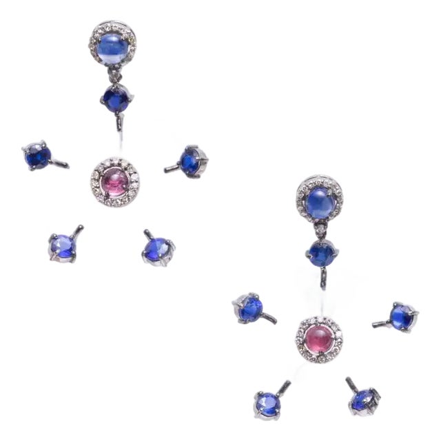 Crystal, Kyanite, Pink Tourmaline and Diamond Flower Motif Chandelier Earrings For Sale