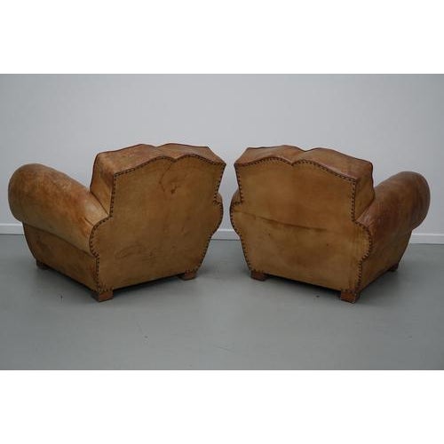 French Cognac Moustache Back Leather Club Chairs, 1940s, Set of 2 For Sale - Image 15 of 18