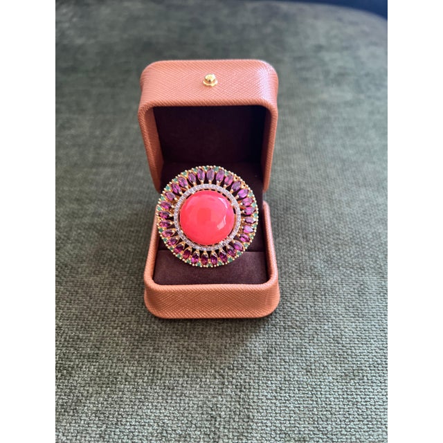 Late 20th Century Bochic "Orient" Vintage Diamond & Orange Opal Ring Set In 18K Gold & Silver For Sale - Image 5 of 18