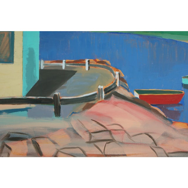 This is a scene of boats on the water in Wellfleet, Massachusetts. It is abstracted into six shapes: the sky, the water,...