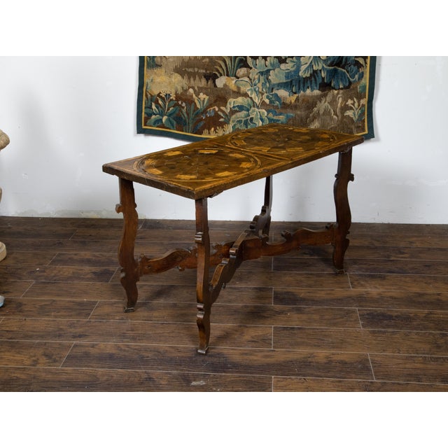 18th Century Italian 18th Century Baroque Style Carved Walnut Table with Marquetry Décor For Sale - Image 5 of 12