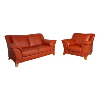 Two-Seater Red Armchairs in Leather by Natuzzi, Set of 2 For Sale