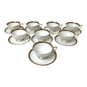 Early 20th Century Royal Bayreuth China Cups & Saucers White With Cobalt and Gilt Borders Set- 16 Pieces