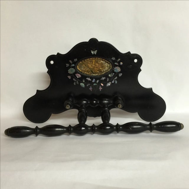 Antique wall rack for towels or hats with mother of pearl and embroidered decorations. One of a kind item. Holder in front...