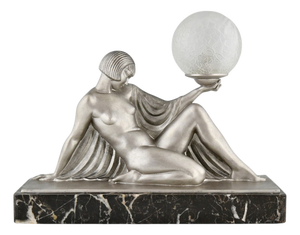 Art Deco Table Lamp with Seated Nude Holding a Globe by Raymonde Guerbe for Max Le Verrier, 1930s