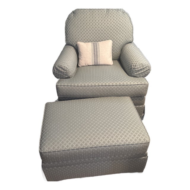 Ethan Allen Skirted Swivel Rocking Lounge Chair & Rolling Ottoman Set With Custom Fabric For Sale