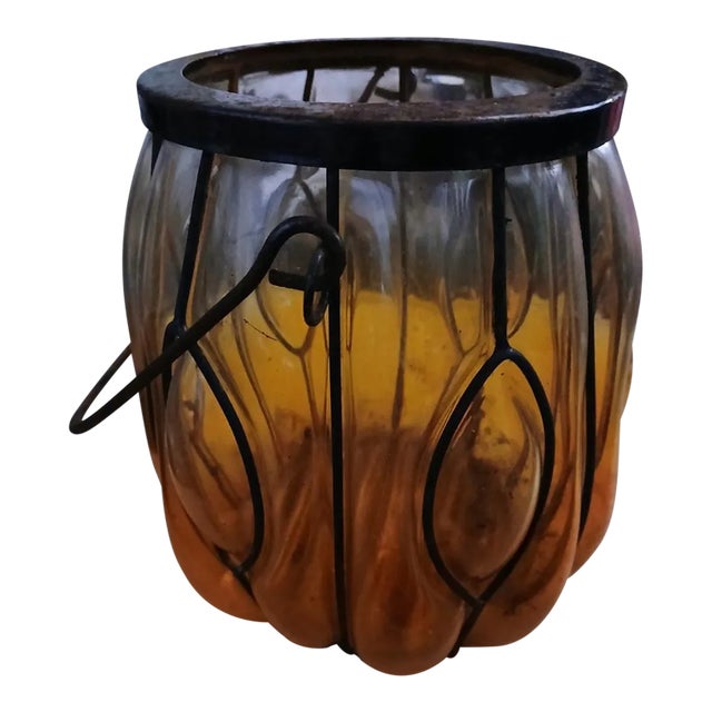 Vintage Blown Caged Glass and Iron Lantern For Sale