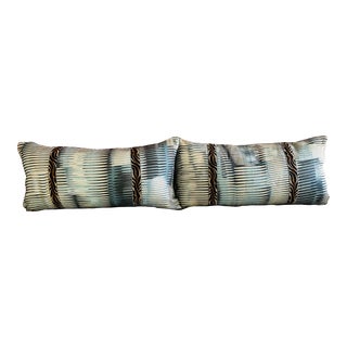 11” X 24” Thibaut Alcantara Aqua and Black Abstract Linen Lumbar Pillow Covers - a Pair For Sale