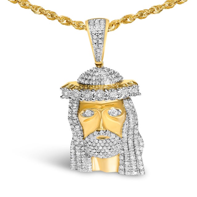 Contemporary Men's 10K Yellow Gold 1 1/3 Cttw Diamond Studded Jesus Pendant Necklace For Sale - Image 3 of 4