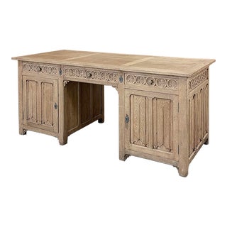Antique French Neogothic Desk in Stripped Oak For Sale