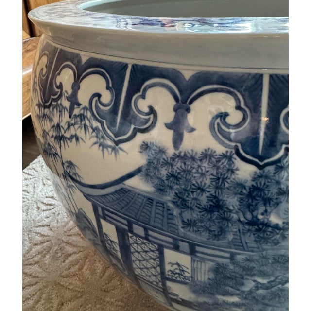 Ceramic Oversized Blue & White Chinoiserie Cachepot | Grand Scale Planter For Sale - Image 7 of 10