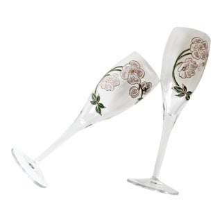 Two Vintage Perrier Jouet Painted Champagne Glasses, Pair of Flutes, French Glassware For Sale