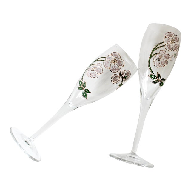 Two Vintage Perrier Jouet Painted Champagne Glasses, Pair of Flutes, French Glassware For Sale