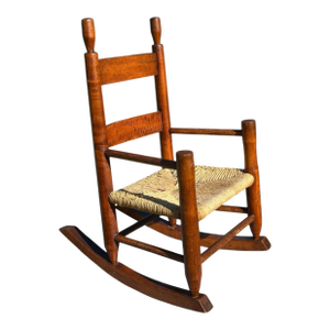 Late 19th Century Primitive Tiger Maple Child's Rocking Chair With Rush Seat