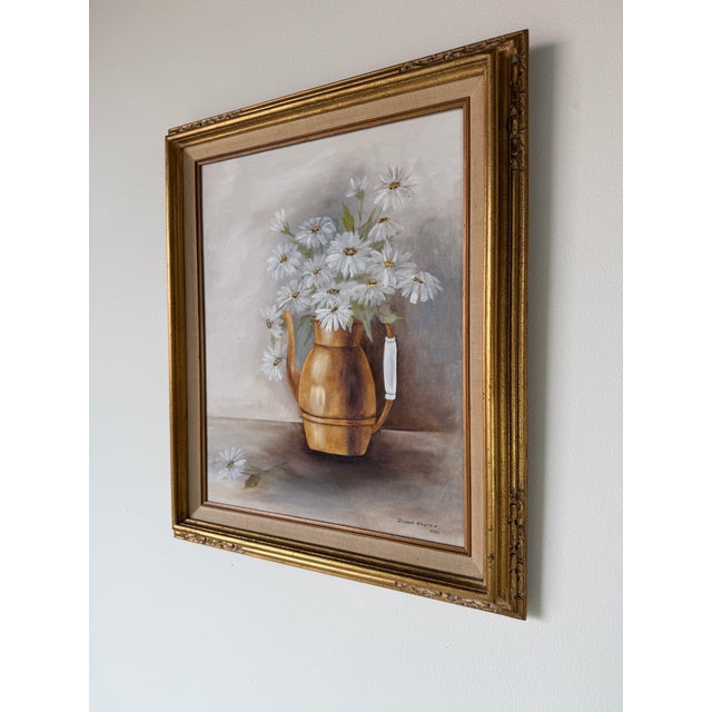 1981 Donna Kasten Still Life Daisies & Brass Pitcher Oil on Canvas Painting, Framed For Sale - Image 4 of 12