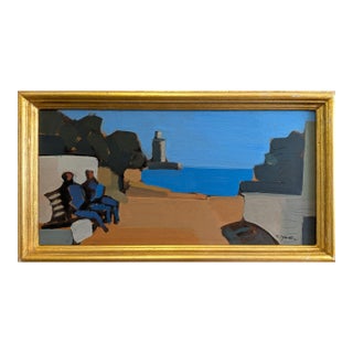 Mid-Century Modern 'Seaside Conversation' Vintage Coastal Landscape Oil Painting by Swedish Artist Eric Elfvén (1921–2008), Framed For Sale
