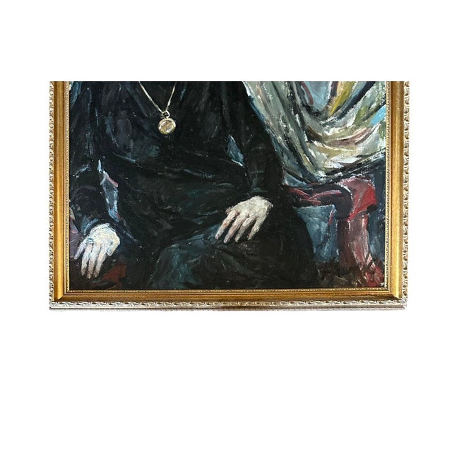 Mid-Century Modern Vintage Gilt Framed Expressionist Oil on Canvas Estate Portrait Painting of Lady, Signed, 1960 For Sale - Image 3 of 5