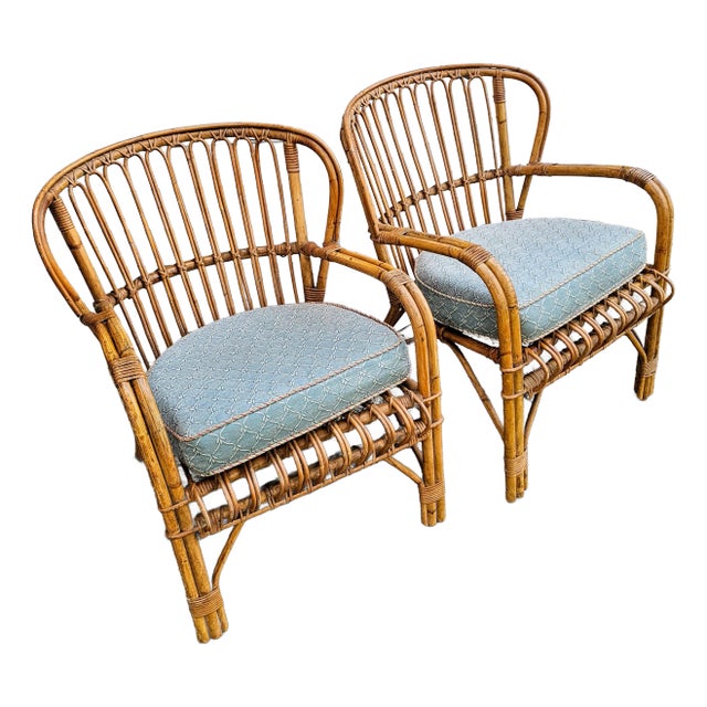 1960s Pair Tito Agnoli Style Wingback Bamboo Chairs For Sale