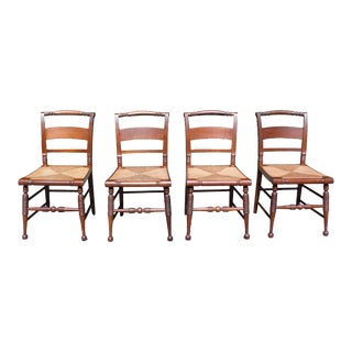 Antique Set of 4 Solid Walnut Rush Seat Slat Back Hitchcock Style Chairs For Sale