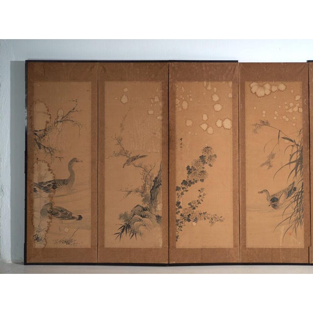 Brown Antique Japanese Six-Panel Screen with Box, 1900 For Sale - Image 8 of 18