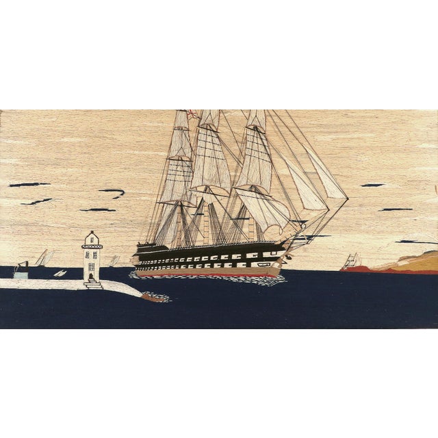 A wonderfully dramatic British sailor’s woolwork, stitched around 1865, showing a great Royal Navy ship of the line...