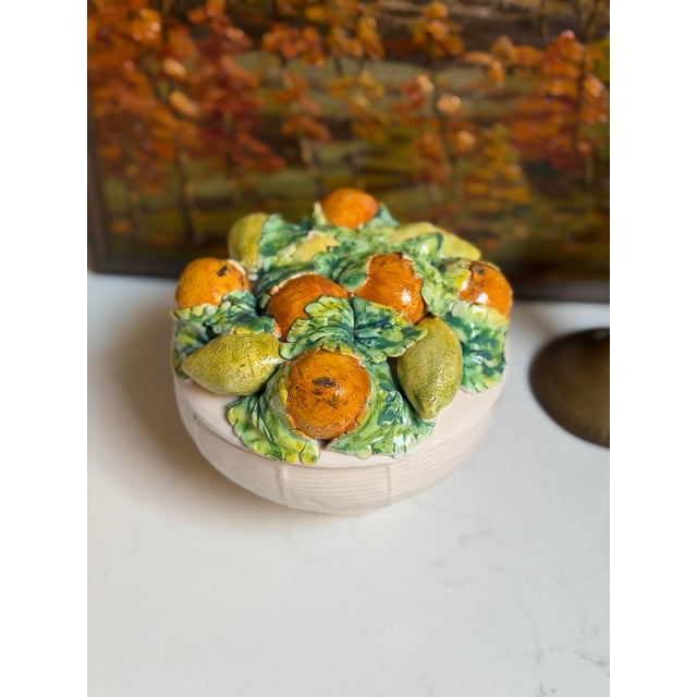 Majolica Vintage Italian Majolica Style Lemon and Orange Lidded Topiary Jar For Sale - Image 4 of 9