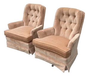 Pair of Mid-Century Modern Regency Velvet Tufted Back Swivel Club Chairs