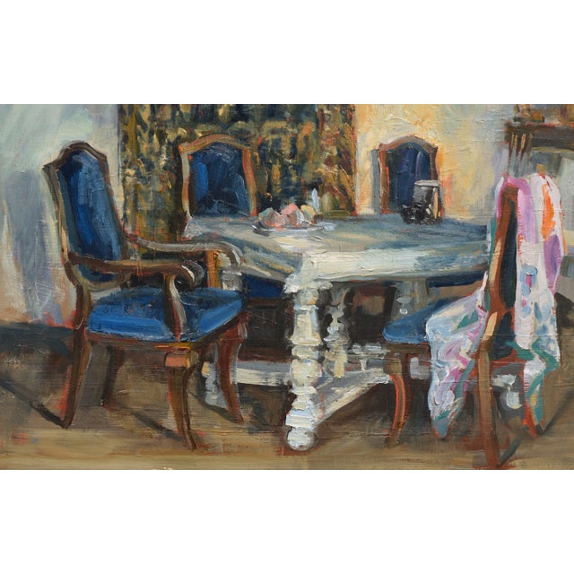 Dining Room Interior Scene in Oil on Masonite Inviting and warm interior dining room scene by S. Spencer (American, 20th...