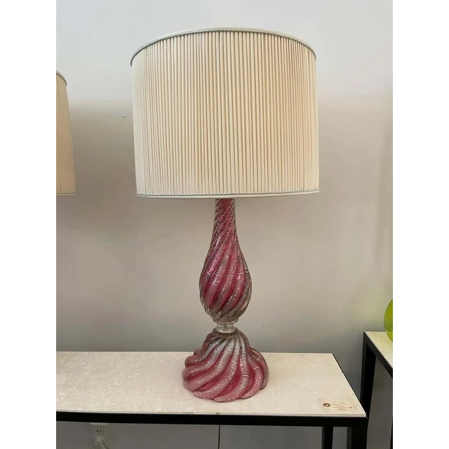 Oversized Raspberry Murano Glass Lamps with Silver Foil Inclusions by Barovier - A Pair For Sale - Image 12 of 13