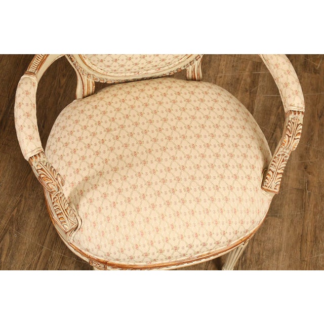 French Louis XVI Style Pair of Cream Painted Armchairs For Sale - Image 11 of 18