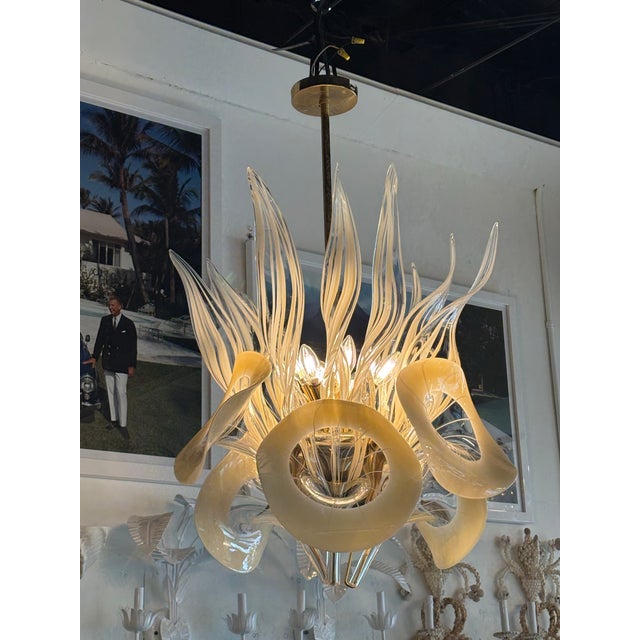 Metal Vintage Mazzega Murano Italian Glass Calla Lily & Leaves 8 Light Chandelier For Sale - Image 7 of 12