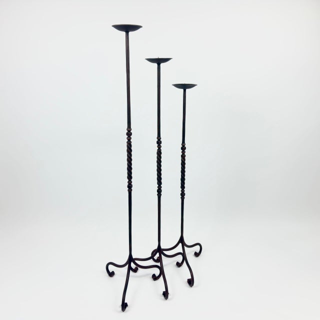 2020s Hand Forged Iron Candelabra Set of 3 (90-110cm) Antique Copper Finish Barley Twist Stem with French Scroll Feet For Sale - Image 5 of 6