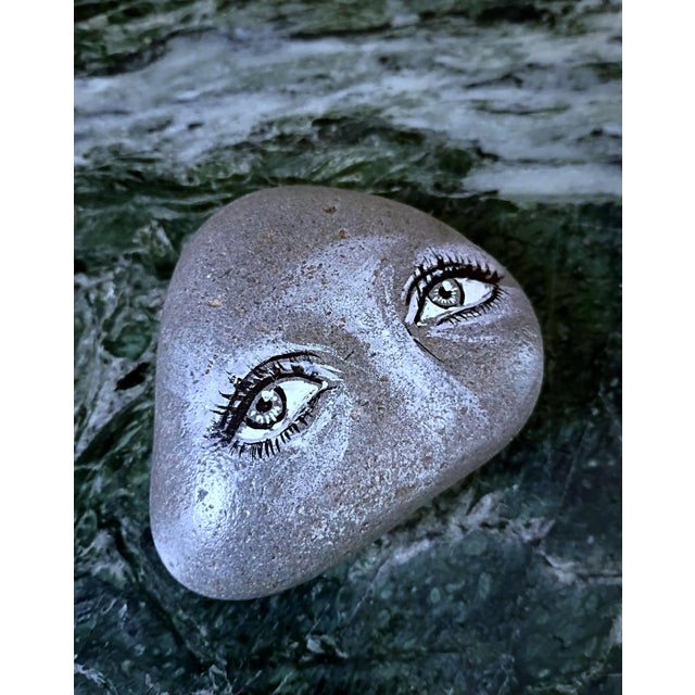1965 Signed Hand-Painted Watching Rock Stone Artwork Paperweight For Sale - Image 4 of 7