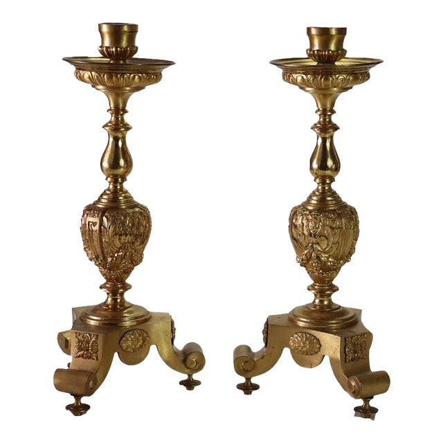 Pair of Antique French Brass & Fire Gilt Bronze Figural Candlesticks C1890 For Sale