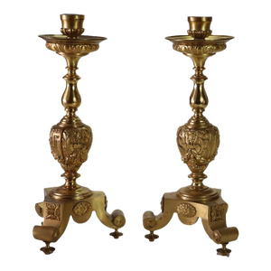 Pair of Antique French Brass & Fire Gilt Bronze Figural Candlesticks C1890