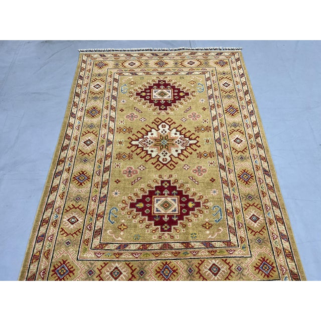 Art Deco Golden Beige Kazak Tribal Wool Rug With Three Medallions, 4'2" X 5'9" For Sale - Image 3 of 14