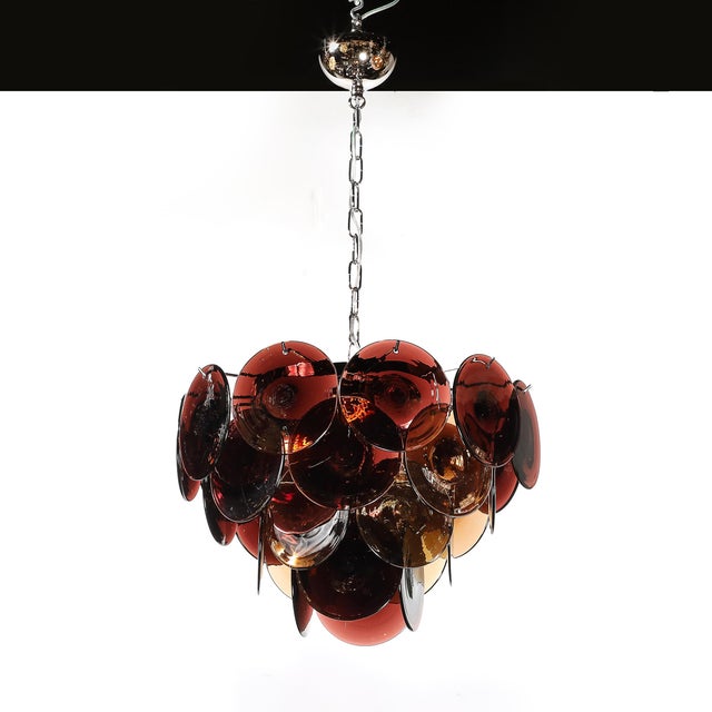 1980s Pair of Mid-Century Hand-Blown Murano Glass Disc Chandeliers in Smoked Tortoise For Sale - Image 5 of 10