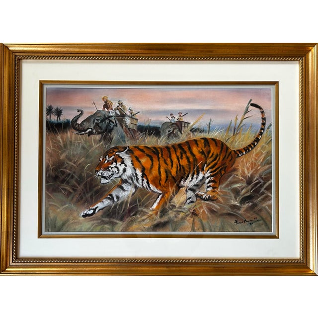 Safari Vintage Original Large Framed Pastel of a Tiger in Safari For Sale - Image 3 of 9