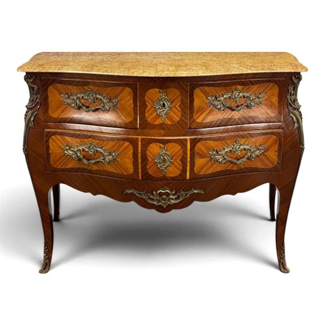 Brown Louis XV Style Bombé Commode with Marquetry and Marble Top by R. Bacchin For Sale - Image 8 of 8