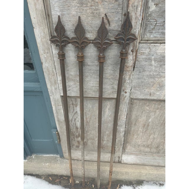 Set of 4 antique fence posts with substantial fleur-de-lis type finials used as plant supports or garden or interior...
