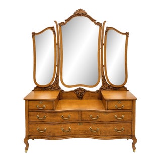 Antique Victorian Large Tiger Oak American Vanity Dresser Chest With Batwing Mirrors 1900's For Sale