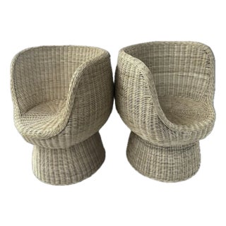 Vintage Wicker & Rattan French Lounge Chairs, Circa 1970s - A Pair For Sale