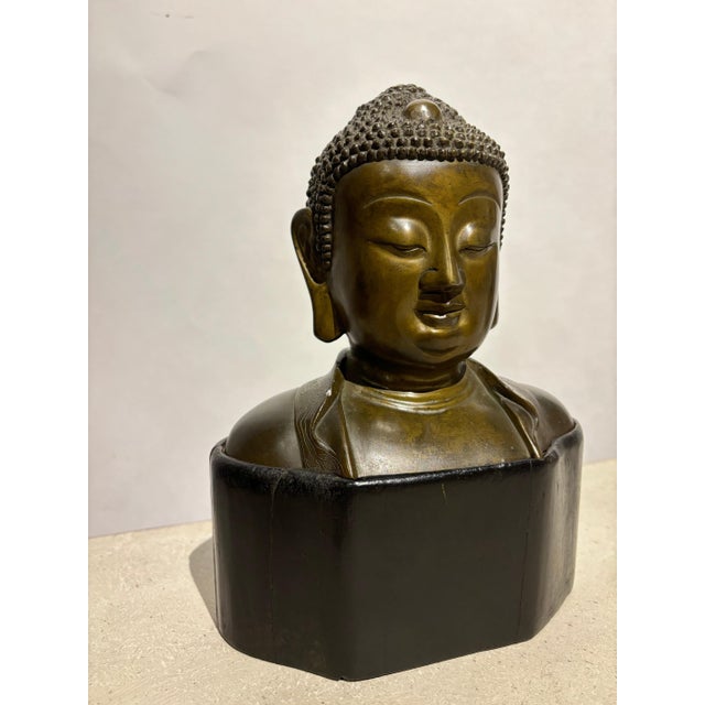 Metal 19th Century Bronze Bust of Buddha on a Wooden Base For Sale - Image 7 of 12