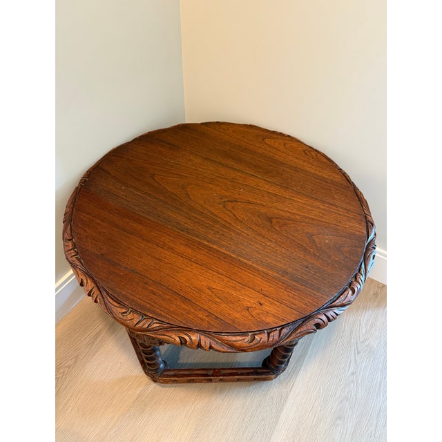 1940s Vintage Round Wooden Hand-Carved Coffee / Accent Table For Sale - Image 5 of 5
