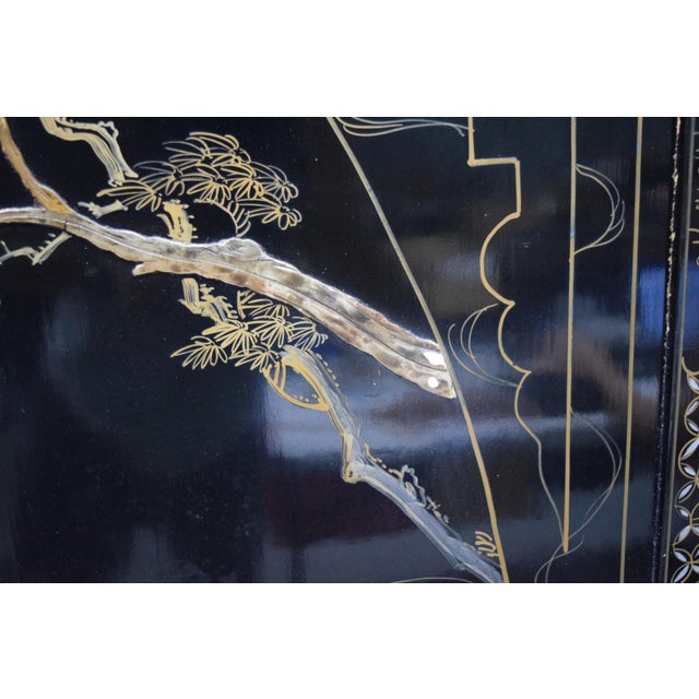 Chinese 4-Panel Stone Inlay Lacquered Scenic Wooden Folding Floor Screen Room Divider For Sale - Image 12 of 13