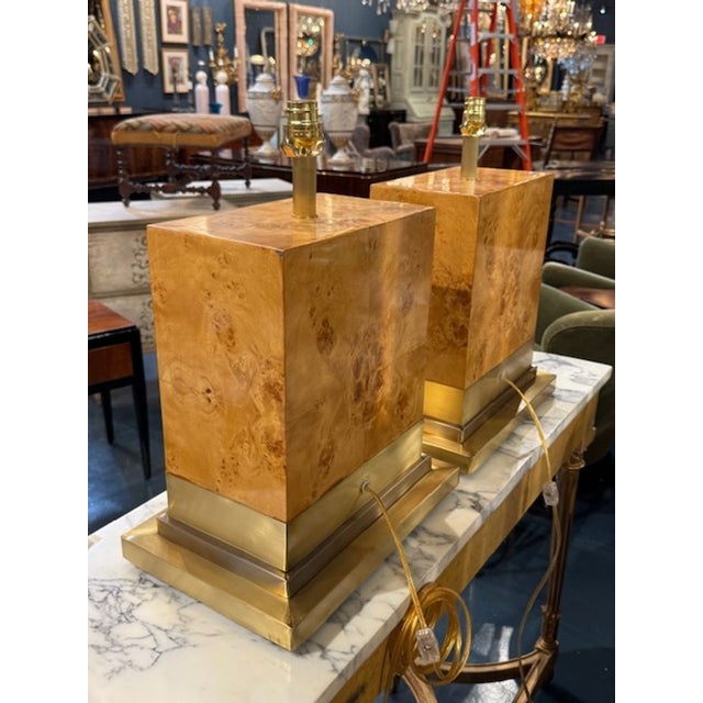 Pair of modern large scale blond burl and brass lamps. Made very fine materials. So elegant! 15w x 10d x 21h