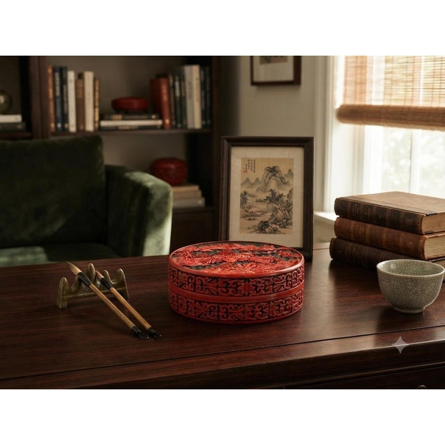 1990s Oriental Asian Black Red Lacquer Round Relief Scenery Accent Box For Sale - Image 5 of 11