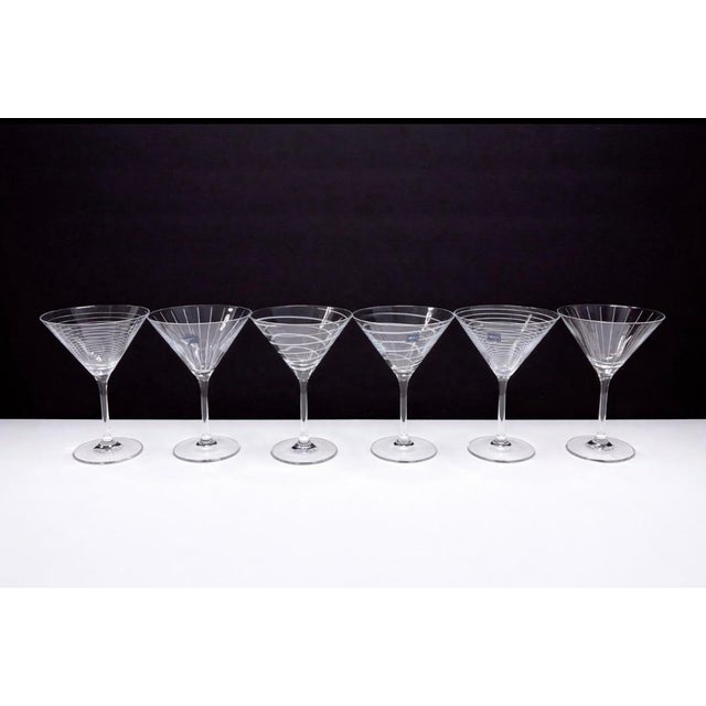 Transparent Pair of Vintage Mikasa Cheers- Etched Glass Vertical Martini Glasses Modernist Barware For Sale - Image 8 of 8